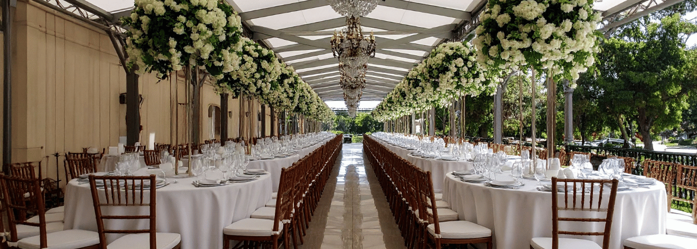 Elegant wedding venue with tables and natural light