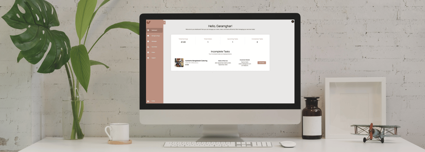 Vendor portal showing enquiries, booking links, tasks, and upcoming jobs