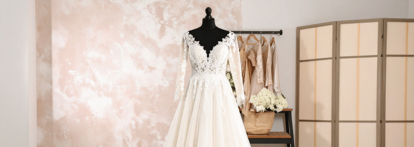 Bride and groom wedding outfits and jewellery laid out and prepared before the wedding day