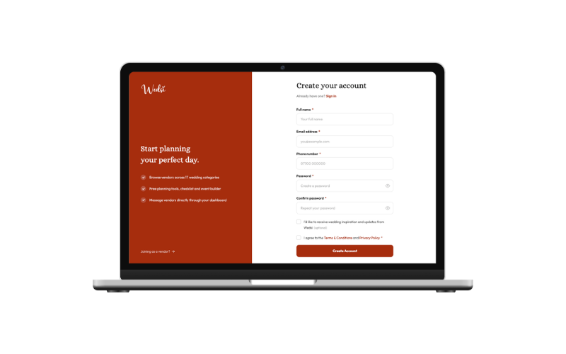 Wedsi couple account signup screen