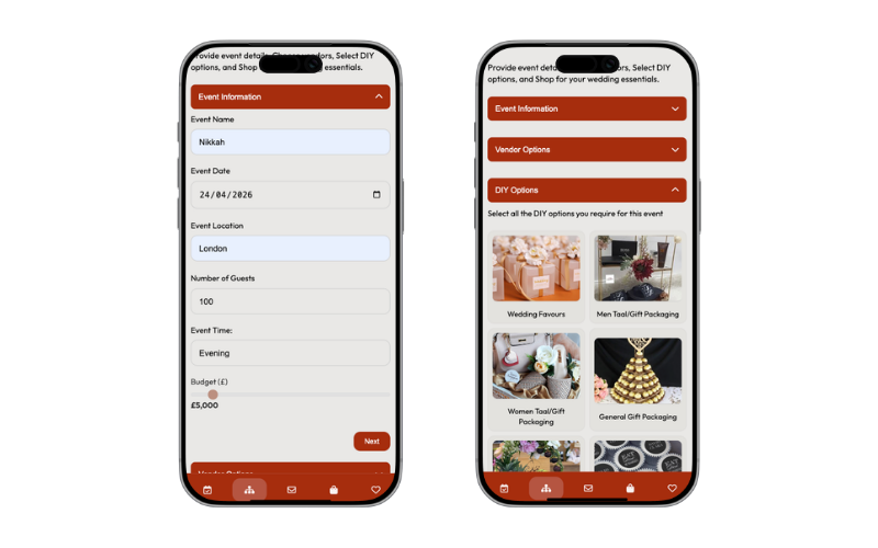 Wedsi event builder showing wedding events and planning details