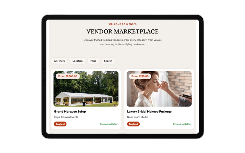 Wedsi vendor marketplace showing vendor categories and profiles
